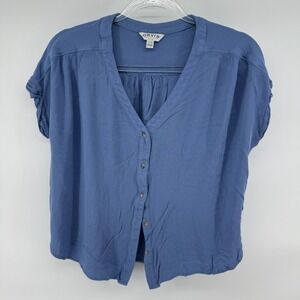 Orvis Blouse Top Womens Small Blue Crepe Pleated V Neck Relaxed Fit Button Front